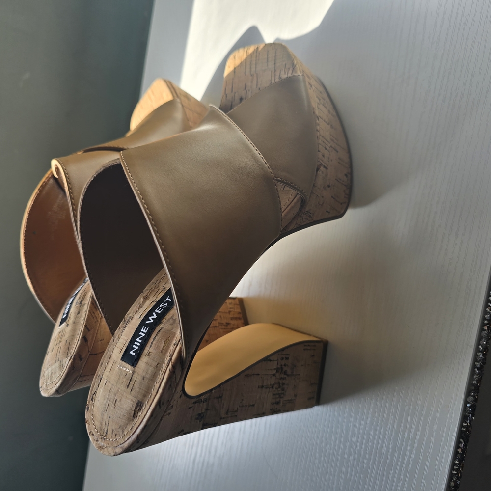Size 7 1/2. Nine West Tan Sandals/ Heels with Cork Detail
